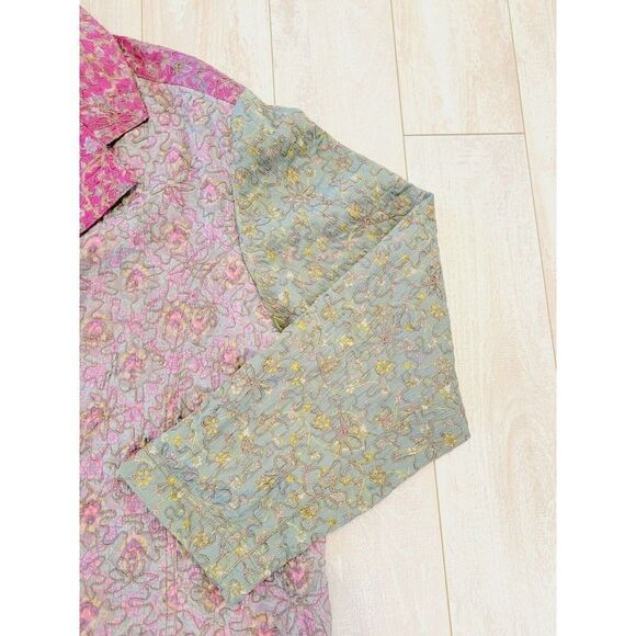 Chico's 3 Quilted Tapestry Jacket Silk Green Pink Button Front Collared - Picture 2 of 7
